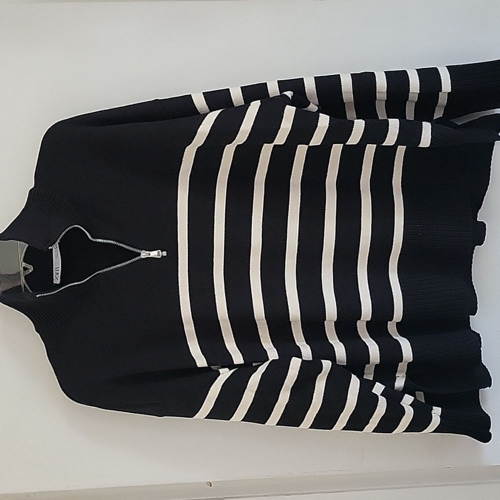 ZARA Zip Black/Whit Knit Striped Sweater Sz XL - Picture 4 of 6